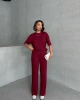 Kadın Bordo Yumuşak Modal Kumaş Kısa Kol Pantolon Bluz Alt Üst İkili Takım
