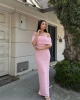 Kadın Pembe Kabartma Detaylı Omuzu Açık Madonna Yaka Uzun Elbise