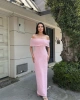 Kadın Pembe Kabartma Detaylı Omuzu Açık Madonna Yaka Uzun Elbise
