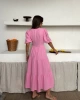 Kadın Pembe Astarlı V Yaka Şık Desenli Müslin Kumaş Kısa Kol Elbise
