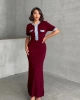 Kadın Bordo Şık Jean Detaylı Kısa Kol Düğmeli Triko Elbise