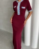 Kadın Bordo Şık Jean Detaylı Kısa Kol Düğmeli Triko Elbise