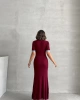 Kadın Bordo Şık Jean Detaylı Kısa Kol Düğmeli Triko Elbise