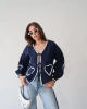 Kadın Lacivert Uzun Kol Bağlama Detaylı %100 Pamuk Premium Müslin Bluz Gömlek