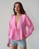 Kadın Pembe Önden Bağlamalı Uzun Kol Müslin Kumaş Kimono Bluz