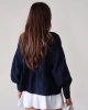 Kadın Lacivert Önden Bağlamalı Uzun Kol Müslin Kumaş Kimono Bluz