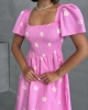 Kadın Papatya Desenli Pembe Poplin Midi Elbise