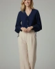 Kadın Lacivert Bağlamalı Detaylı V Yaka Gömlek
