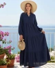 Kadın Lacivert Astarlı Düğme Detaylı Rahat Kalıp Müslin Kumaş Premium Uzun Elbise