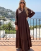 Kadın Acı Kahverengi Düğme Detaylı Rahat Kalıp Müslin Kumaş Premium Uzun Elbise