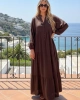 Kadın Acı Kahverengi Düğme Detaylı Rahat Kalıp Müslin Kumaş Premium Uzun Elbise