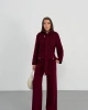 Kadın Bordo Dik Yaka Kuşaklı Premium Kalite Triko Hırka Bol Paça Pantolon Triko Takım