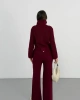 Kadın Bordo Dik Yaka Kuşaklı Premium Kalite Triko Hırka Bol Paça Pantolon Triko Takım