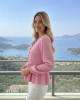 Kadın Şeker Pembe Fiyonk Detaylı Düğmeli Uzun Kol Gömlek Bluz