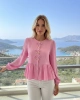 Kadın Şeker Pembe Fiyonk Detaylı Düğmeli Uzun Kol Gömlek Bluz
