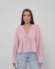 Kadın Pudra V Yaka Önü Bağcıklı Salaş Uzun Kollu Bluz