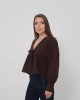 Kadın Acı Kahverengi V Yaka Önü Bağcıklı Salaş Uzun Kollu Bluz