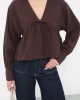 Kadın Acı Kahverengi V Yaka Önü Bağcıklı Salaş Uzun Kollu Bluz