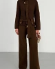 Kadın Acı Kahverengi Dik Yaka Kuşaklı Premium Kalite Triko Hırka Bol Paça Pantolon Triko Takım