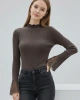 Kadın Acı Kahve Yarım Balıkçı Yaka Dantel Kol Detaylı Fitilli Triko Bluz (S/M Beden)