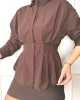 Kadın Kahverengi Şık Belden Oturmalı Pensli Uzun Kol Gömlek