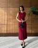 Kadın Bordo Şık Kemer Detaylı Kolsuz Slim Midi Boy elbise