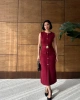 Kadın Bordo Şık Kemer Detaylı Kolsuz Slim Midi Boy elbise