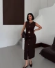 Kadın Kahverengi Şık Kemer Detaylı Kolsuz Slim Midi Boy elbise