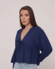 Kadın Lacivert V Yaka Önü Bağcıklı Salaş Uzun Kollu Müslin Bluz