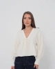 Kadın EKRU V Yaka Önü Bağcıklı Salaş Uzun Kollu Müslin Bluz