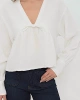 Kadın EKRU V Yaka Önü Bağcıklı Salaş Uzun Kollu Müslin Bluz