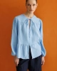 Kadın Bebe Mavisi Müslin Kumaş Yakası Bağcıklı Önü Düğmeli Volanlı Gömlek Bluz