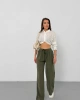 Kadın Haki Yüksek Bel Beli Lastikli Bağcıklı Bol Paça Geniş Kesim Şık Cepli Premium Palazzo Pantolon