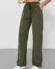Kadın Haki Yüksek Bel Beli Lastikli Bağcıklı Bol Paça Geniş Kesim Şık Cepli Premium Palazzo Pantolon