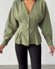 Kadın Haki Belden Oturtmalı Pens Detaylı Beli Pileli Şık Düğmeli V Yaka Gömlek
