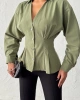Kadın Haki Belden Oturtmalı Pens Detaylı Beli Pileli Şık Düğmeli V Yaka Gömlek