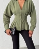 Kadın Haki Belden Oturtmalı Pens Detaylı Beli Pileli Şık Düğmeli V Yaka Gömlek