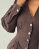 Kadın Acı Kahverengi Belden Oturtmalı Pens Detaylı Beli Pileli Şık Düğmeli V Yaka Gömlek