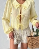 Kadın Yaz Sarısı Bağlamalı Önü Açık Büyük Yaka Balon Kol Mevsimlik Yazlık Gömlek Bluz