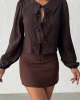 Kadın Acı Kahverengi Bağlamalı Önü Açık Büyük Yaka Balon Kol Mevsimlik Yazlık Gömlek Bluz