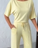 Kadın Yaz Sarısı Yumuşacık Yarasa Kol Bluzlu Beli Bağcıklı Geniş Paça İkili Takım