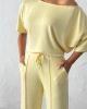 Kadın Yaz Sarısı Yumuşacık Yarasa Kol Bluzlu Beli Bağcıklı Geniş Paça İkili Takım