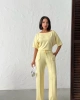 Kadın Yaz Sarısı Yumuşacık Yarasa Kol Bluzlu Beli Bağcıklı Geniş Paça İkili Takım