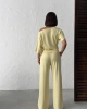 Kadın Yaz Sarısı Yumuşacık Yarasa Kol Bluzlu Beli Bağcıklı Geniş Paça İkili Takım