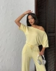 Kadın Yaz Sarısı Yumuşacık Yarasa Kol Bluzlu Beli Bağcıklı Geniş Paça İkili Takım