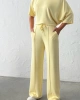 Kadın Yaz Sarısı Yumuşacık Yarasa Kol Bluzlu Beli Bağcıklı Geniş Paça İkili Takım