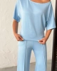 Kadın Yaz Mavisi Yumuşacık Yarasa Kol Bluzlu Beli Bağcıklı Geniş Paça İkili Takım