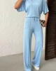 Kadın Yaz Mavisi Yumuşacık Yarasa Kol Bluzlu Beli Bağcıklı Geniş Paça İkili Takım