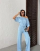 Kadın Yaz Mavisi Yumuşacık Yarasa Kol Bluzlu Beli Bağcıklı Geniş Paça İkili Takım