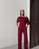 Kadın Bordo Yumuşacık Yarasa Kol Bluzlu Beli Bağcıklı Geniş Paça İkili Takım